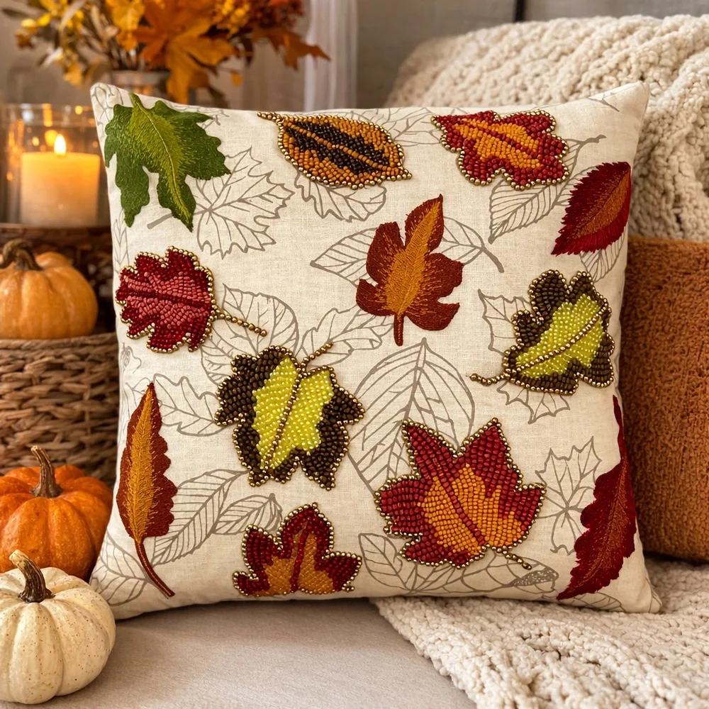 Pier 1 Beaded Autumn Leaves Decorative Throw Pillow 16” Fall Harvest